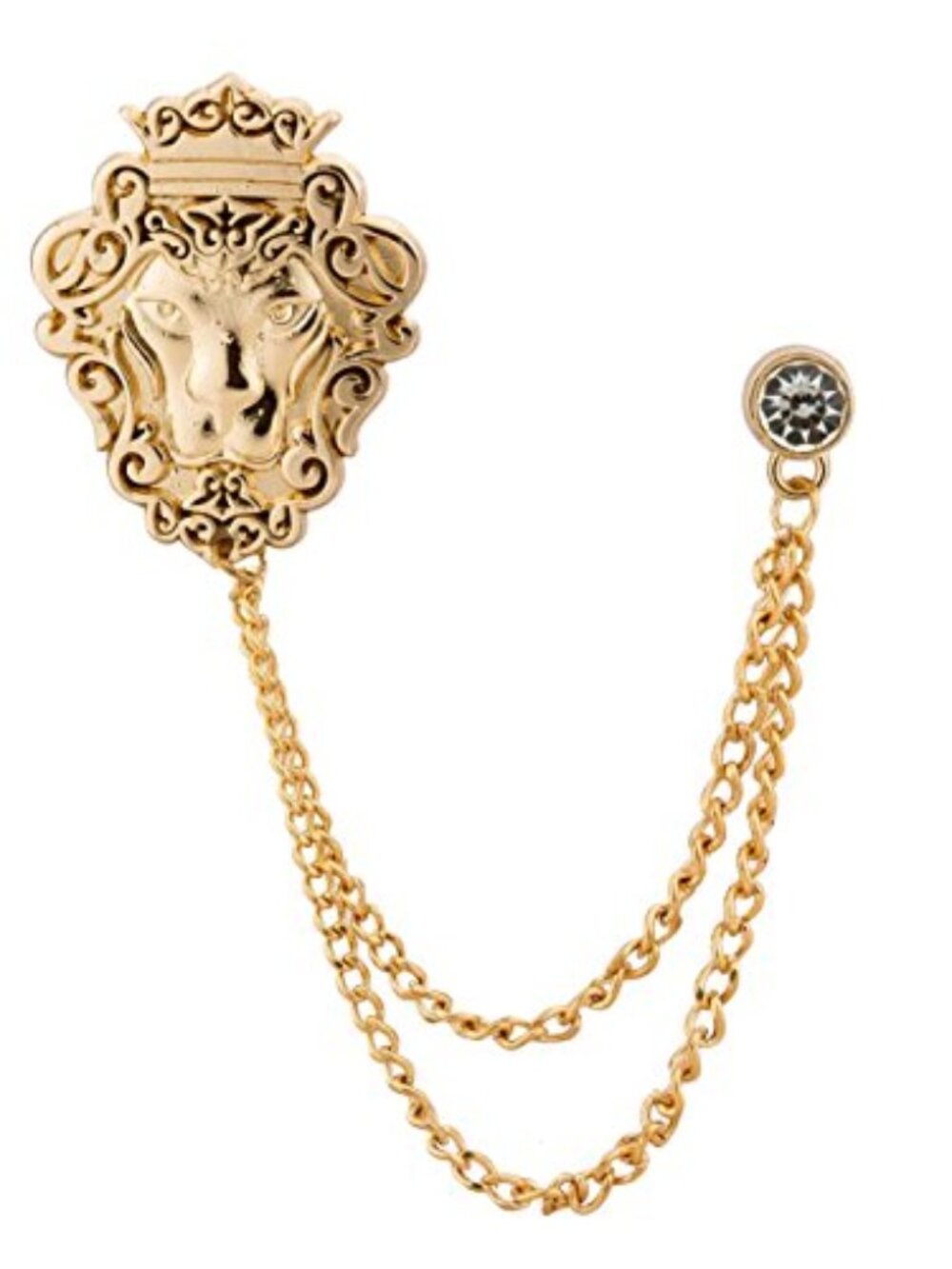 Knighthood Vintage Men Golden‎ Crowned Lion King With Stone Hanging Chain Brooch